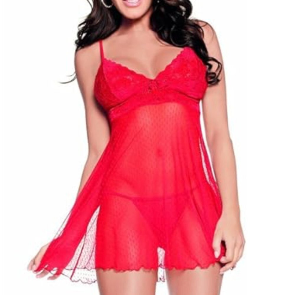 Escante Red MED Sexy Sheer Red Lace Baby Doll Lingerie Set Coquette Valentine